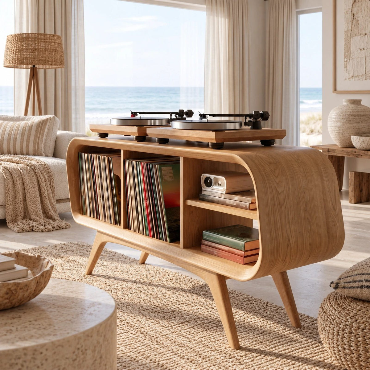 Rounded Wood Record Player Console With Crossed Leg Base