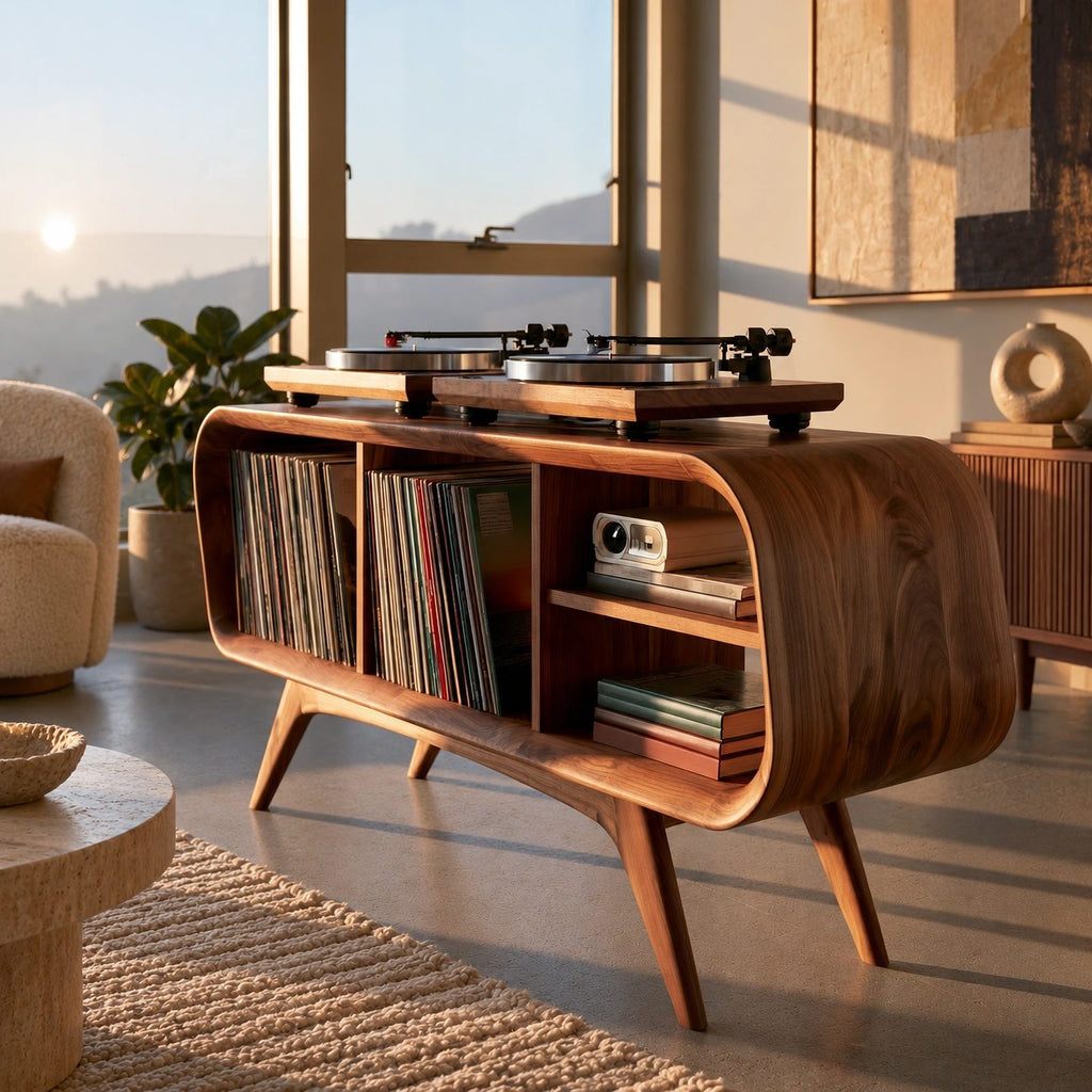 Rounded Wood Record Player Console With Crossed Leg Base