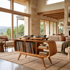 Rounded Wood Record Player Console With Crossed Leg Base