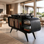 Rounded Wood Record Player Console With Crossed Leg Base