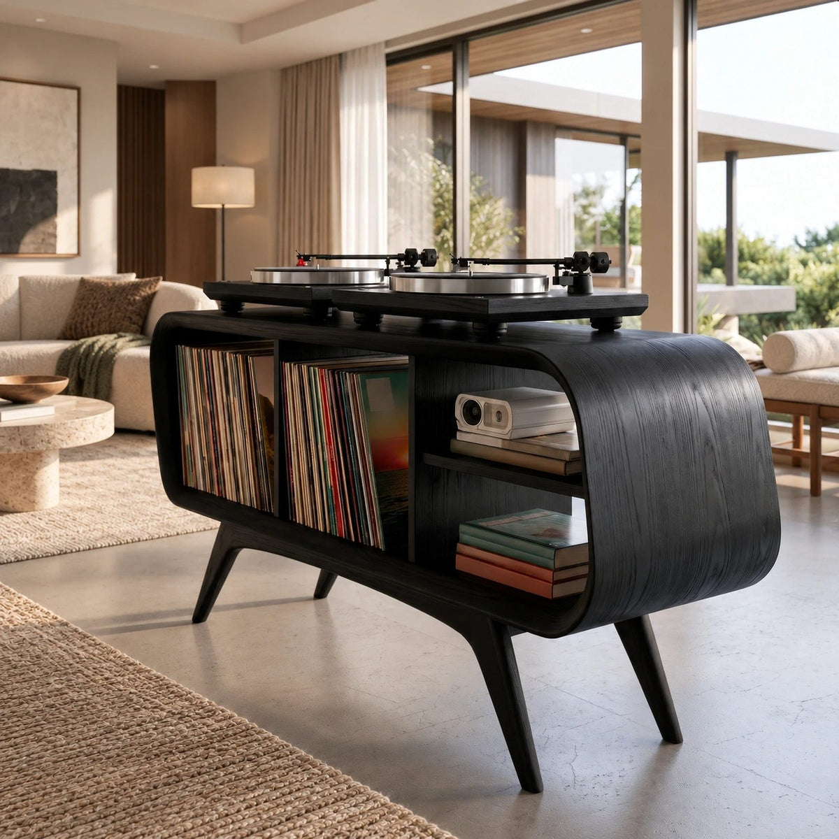 Rounded Wood Record Player Console With Crossed Leg Base