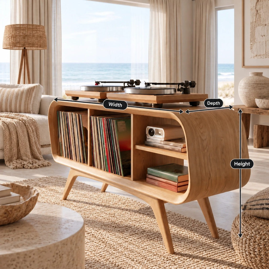 Rounded Wood Record Player Console With Crossed Leg Base