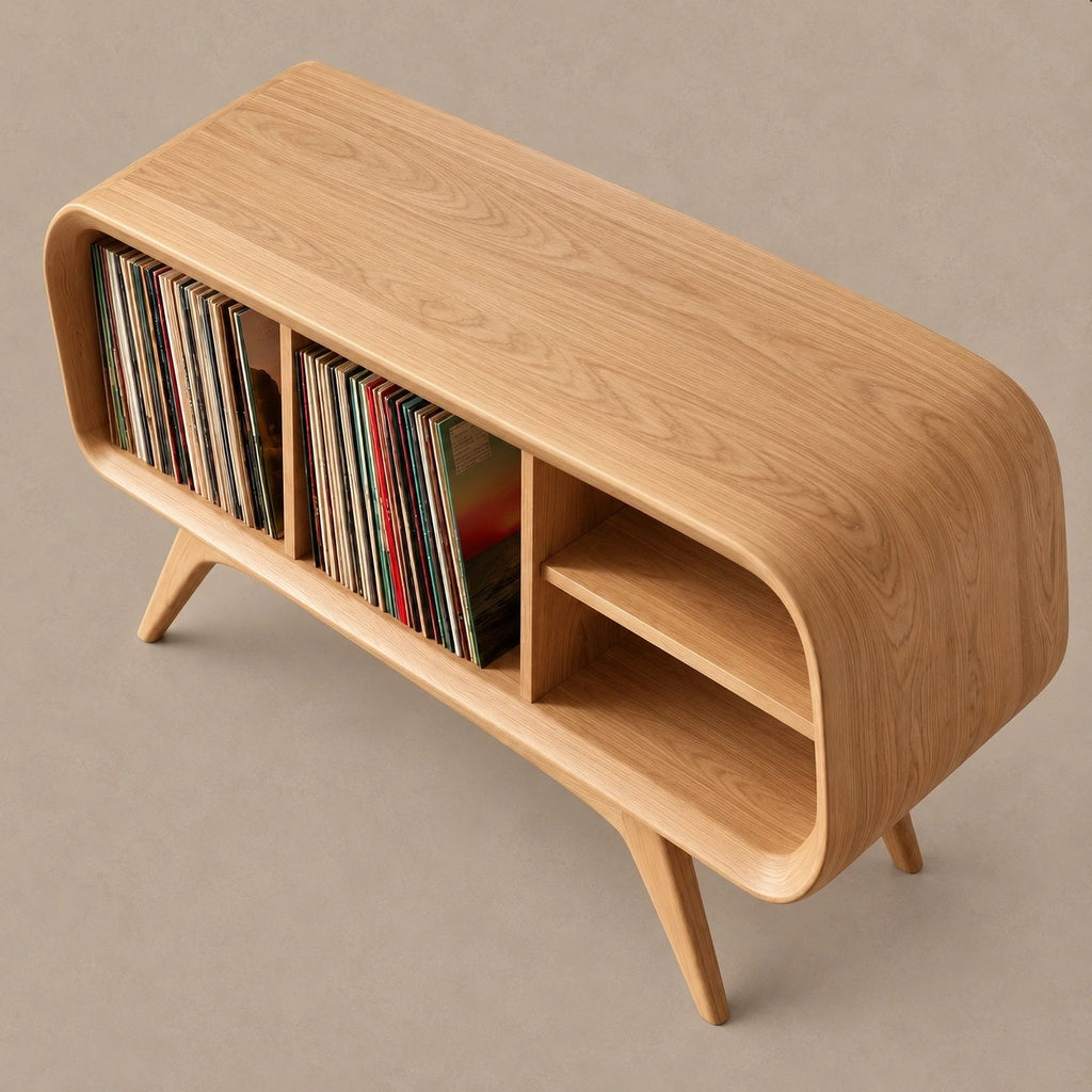 Rounded Wood Record Player Console With Crossed Leg Base