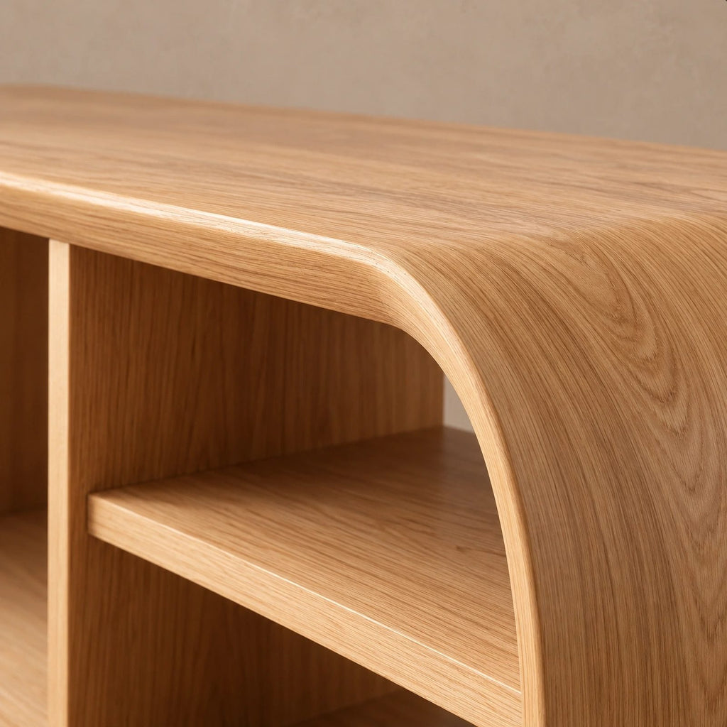 Rounded Wood Record Player Console With Crossed Leg Base