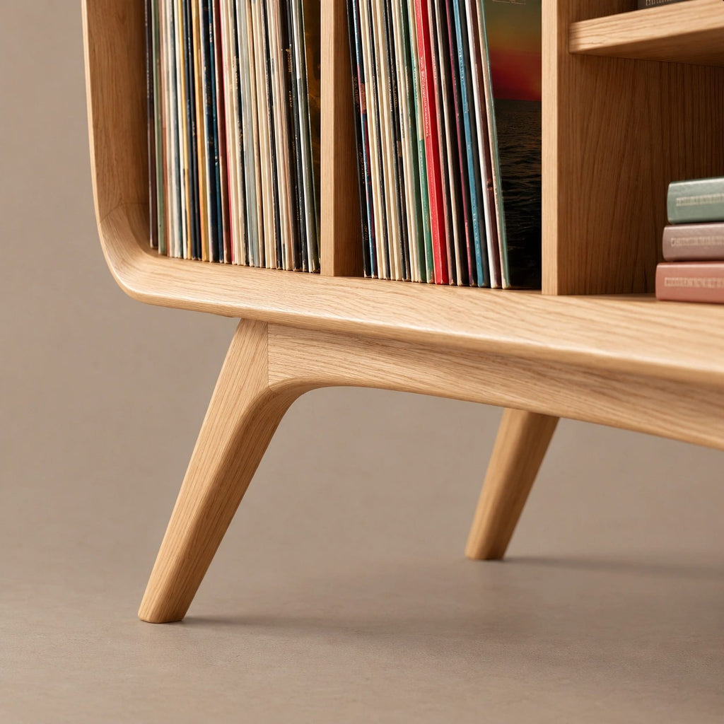 Rounded Wood Record Player Console With Crossed Leg Base