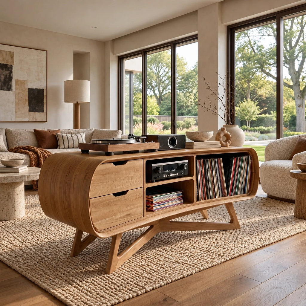 Rounded Wood Record Player Console With Two Drawers For Living Room