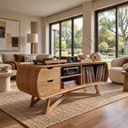 Rounded Wood Record Player Console With Two Drawers For Living Room