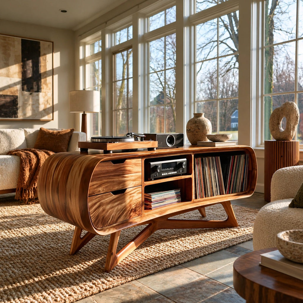 Rounded Wood Record Player Console With Two Drawers For Living Room