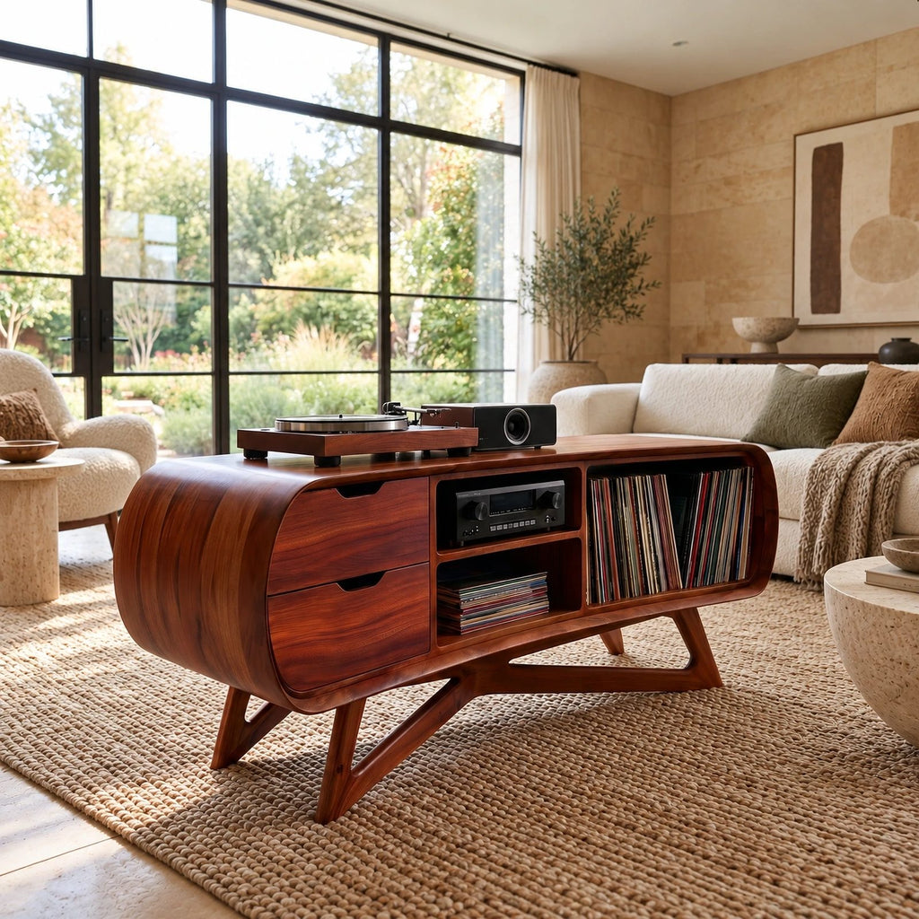 Rounded Wood Record Player Console With Two Drawers For Living Room