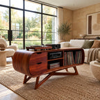 Rounded Wood Record Player Console With Two Drawers For Living Room