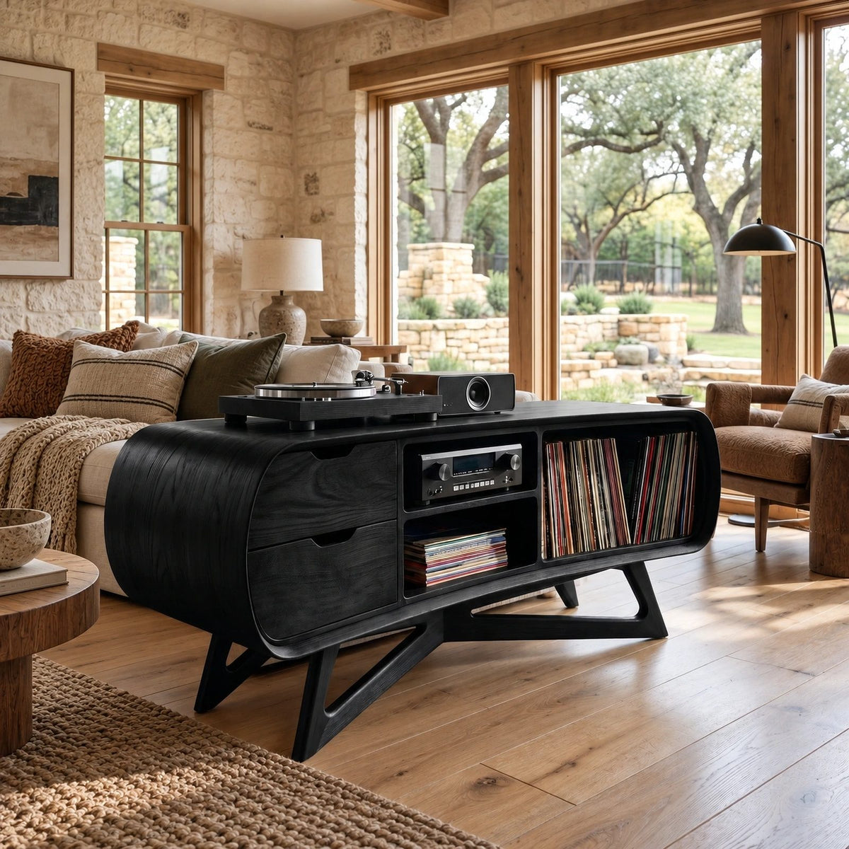 Rounded Wood Record Player Console With Two Drawers For Living Room