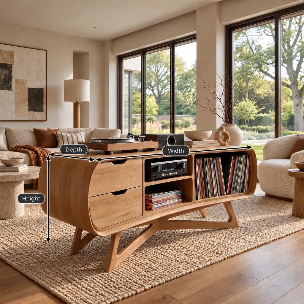Rounded Wood Record Player Console With Two Drawers For Living Room