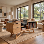 Rounded Wood Record Player Console With Two Drawers For Living Room
