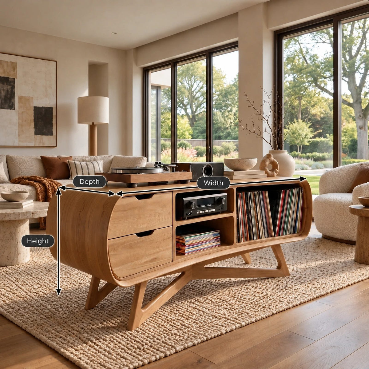 Rounded Wood Record Player Console With Two Drawers For Living Room