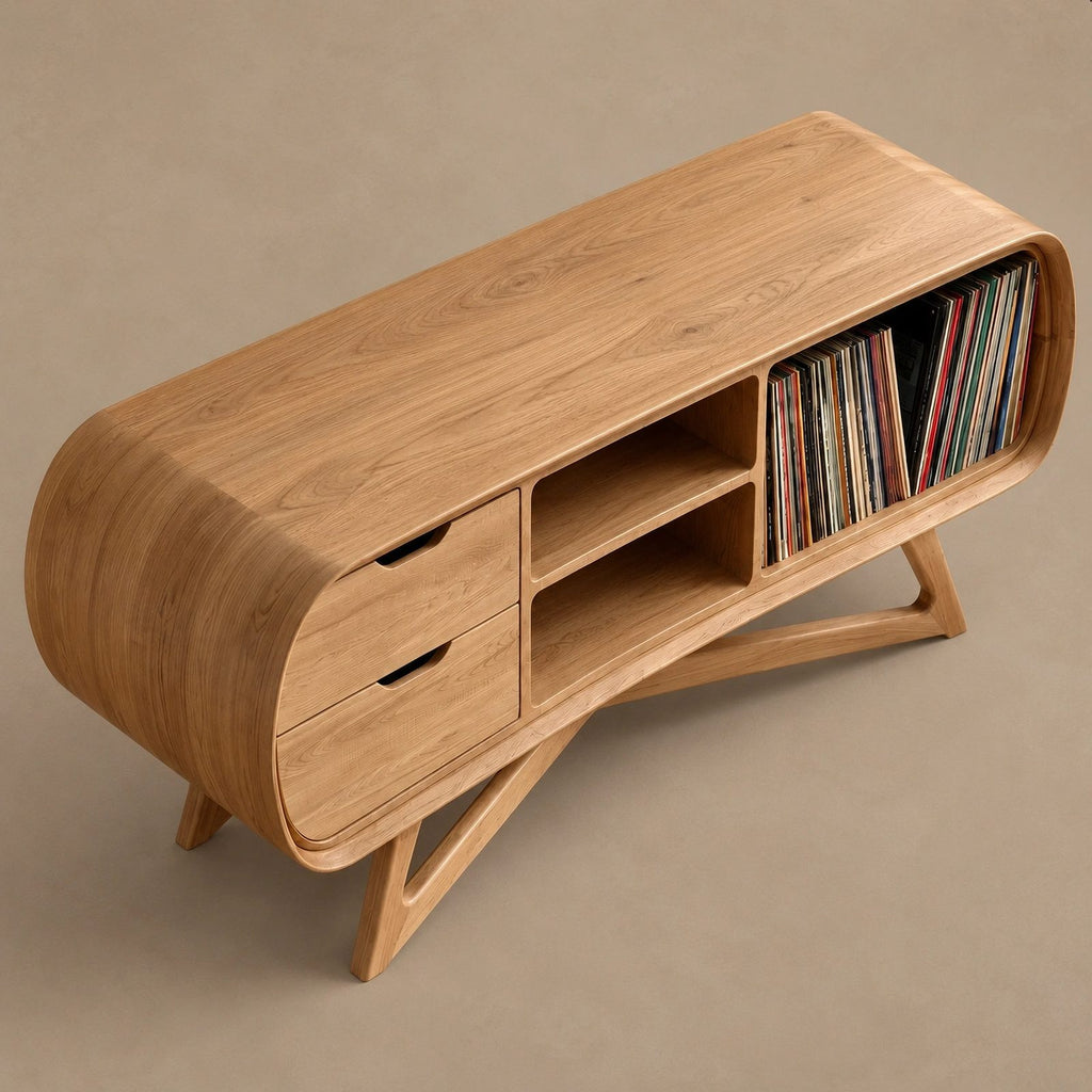 Rounded Wood Record Player Console With Two Drawers For Living Room