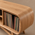 Rounded Wood Record Player Console With Two Drawers For Living Room