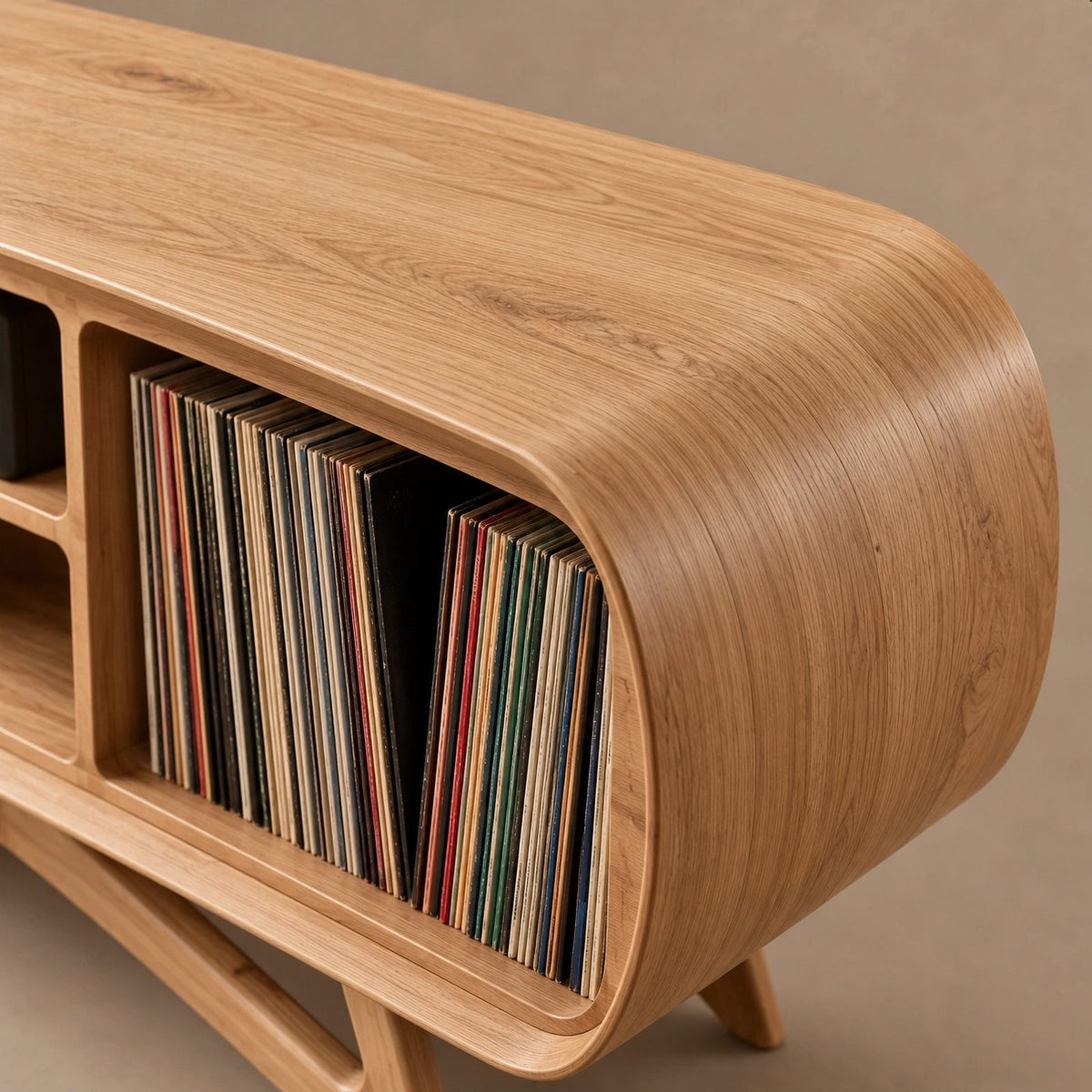 Rounded Wood Record Player Console With Two Drawers For Living Room