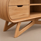 Rounded Wood Record Player Console With Two Drawers For Living Room
