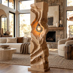 Sculptural Wood Floor Lamp With Open Carved Hollow For Living Room