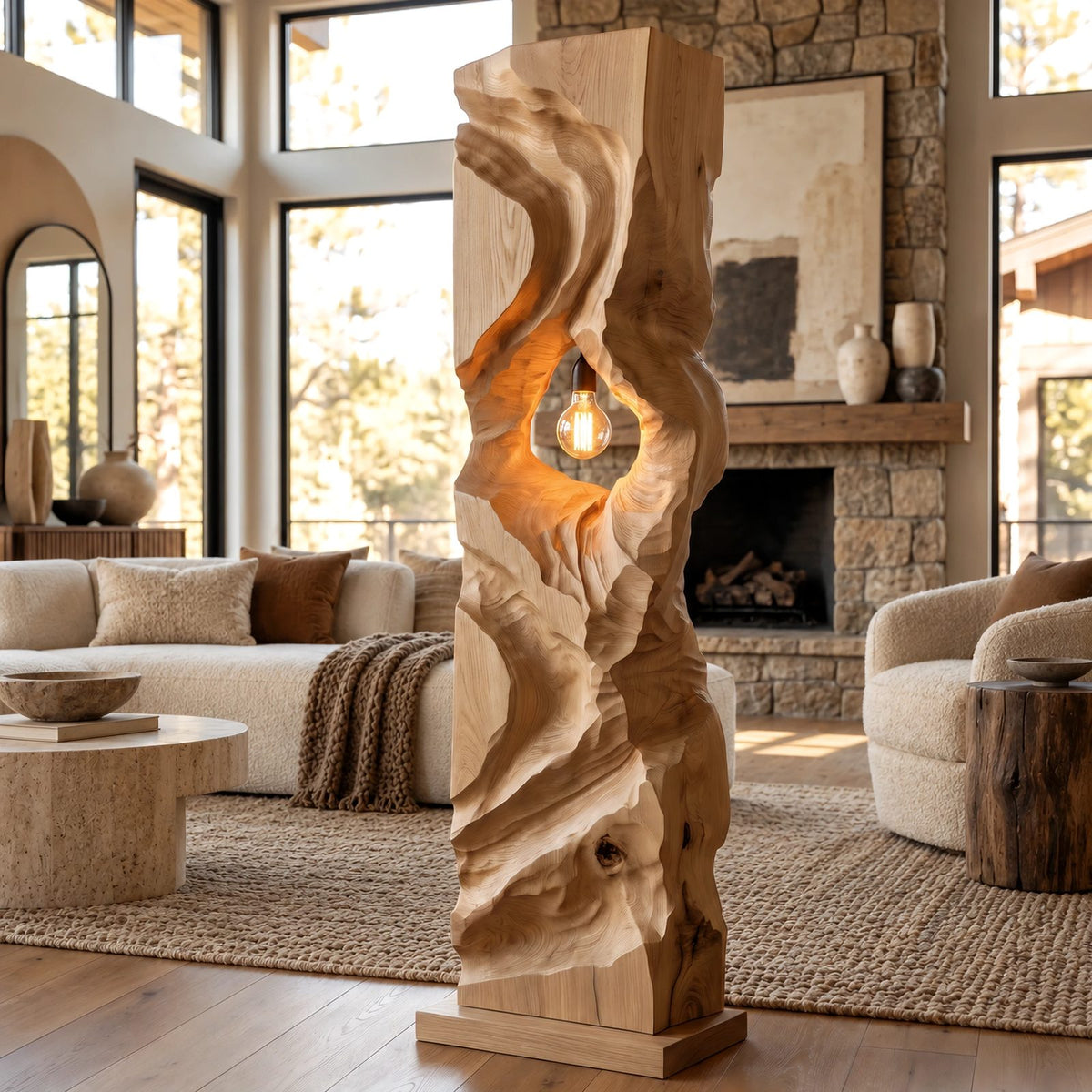 Sculptural Wood Floor Lamp With Open Carved Hollow For Living Room