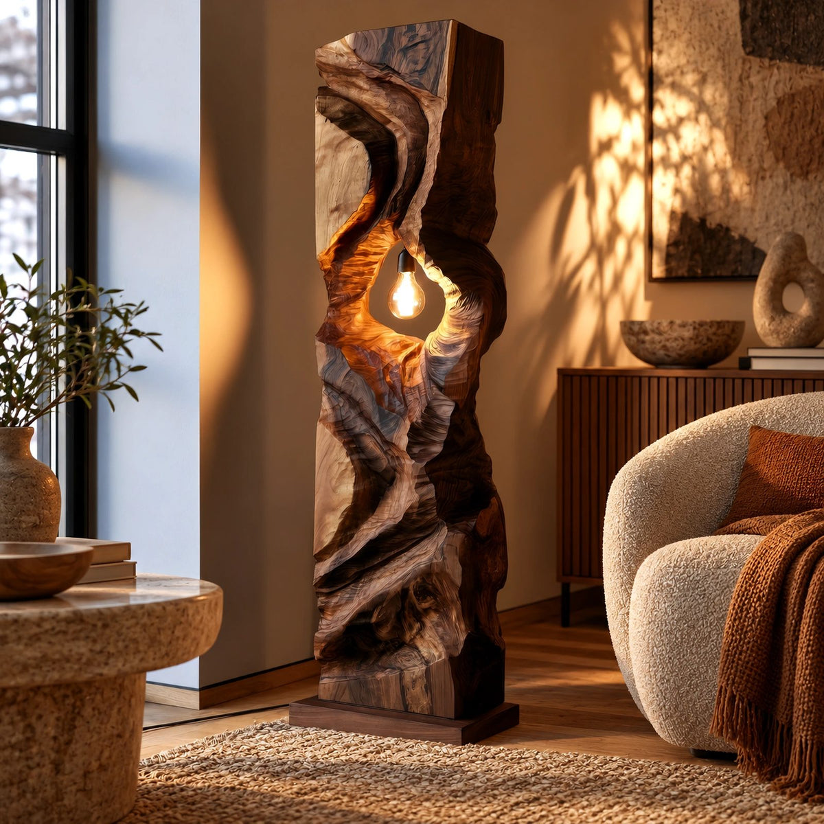 Sculptural Wood Floor Lamp With Open Carved Hollow For Living Room