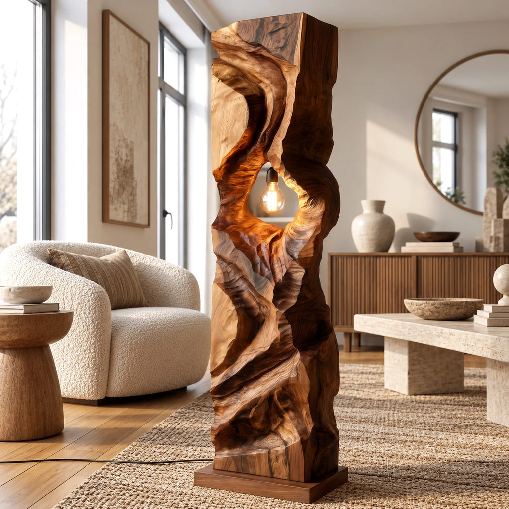 Sculptural Wood Floor Lamp With Open Carved Hollow For Living Room