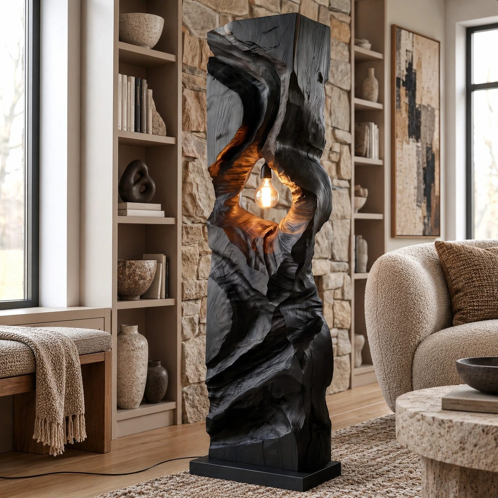 Sculptural Wood Floor Lamp With Open Carved Hollow For Living Room