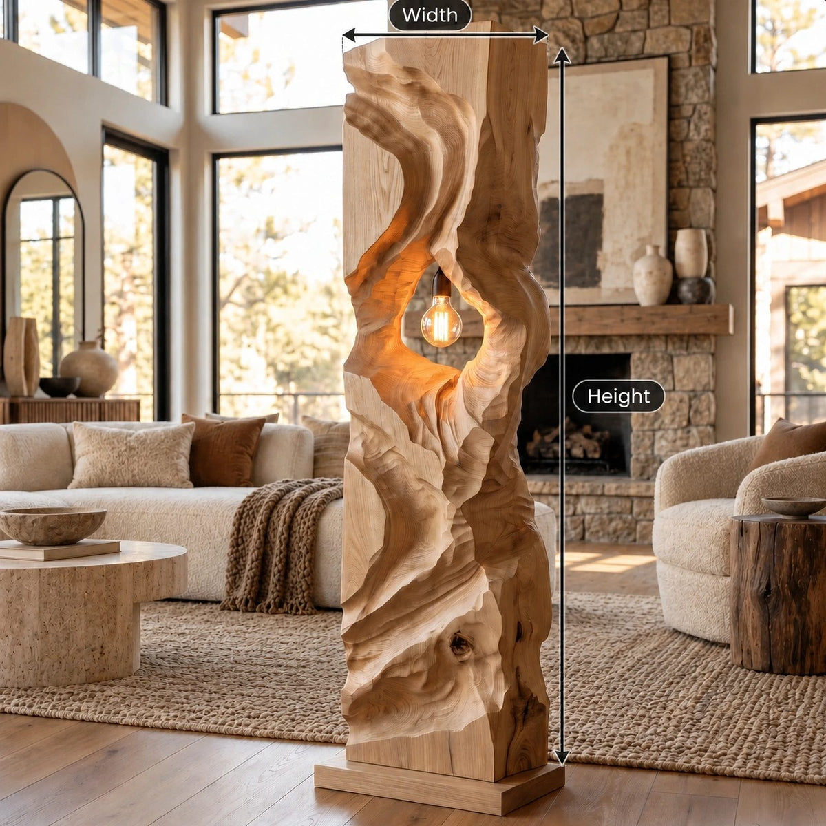 Sculptural Wood Floor Lamp With Open Carved Hollow For Living Room
