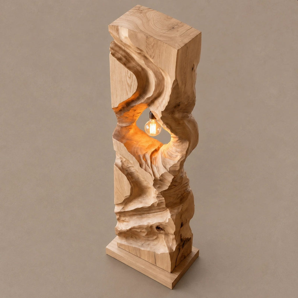 Sculptural Wood Floor Lamp With Open Carved Hollow For Living Room