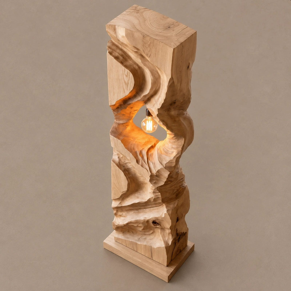 Sculptural Wood Floor Lamp With Open Carved Hollow For Living Room