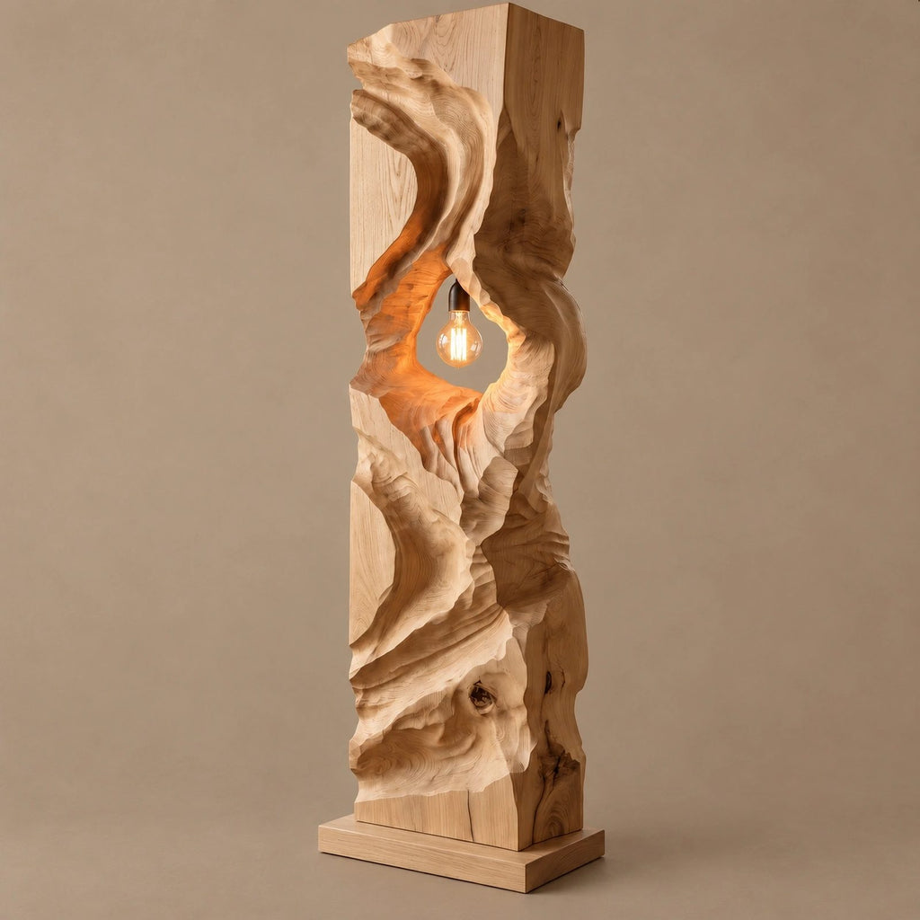 Sculptural Wood Floor Lamp With Open Carved Hollow For Living Room