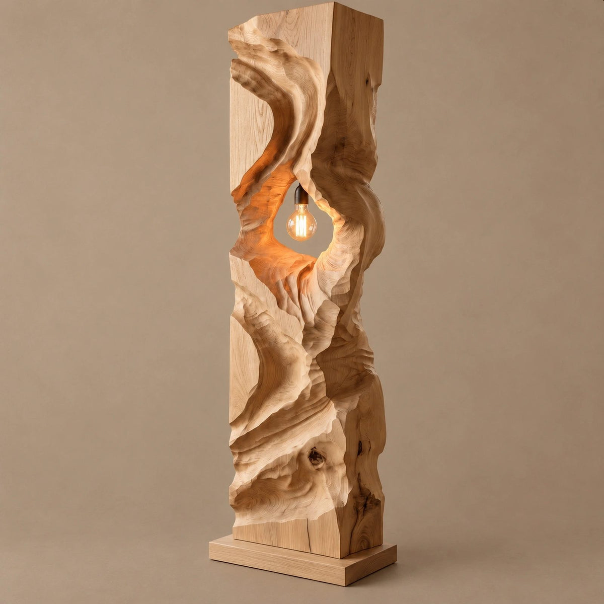 Sculptural Wood Floor Lamp With Open Carved Hollow For Living Room