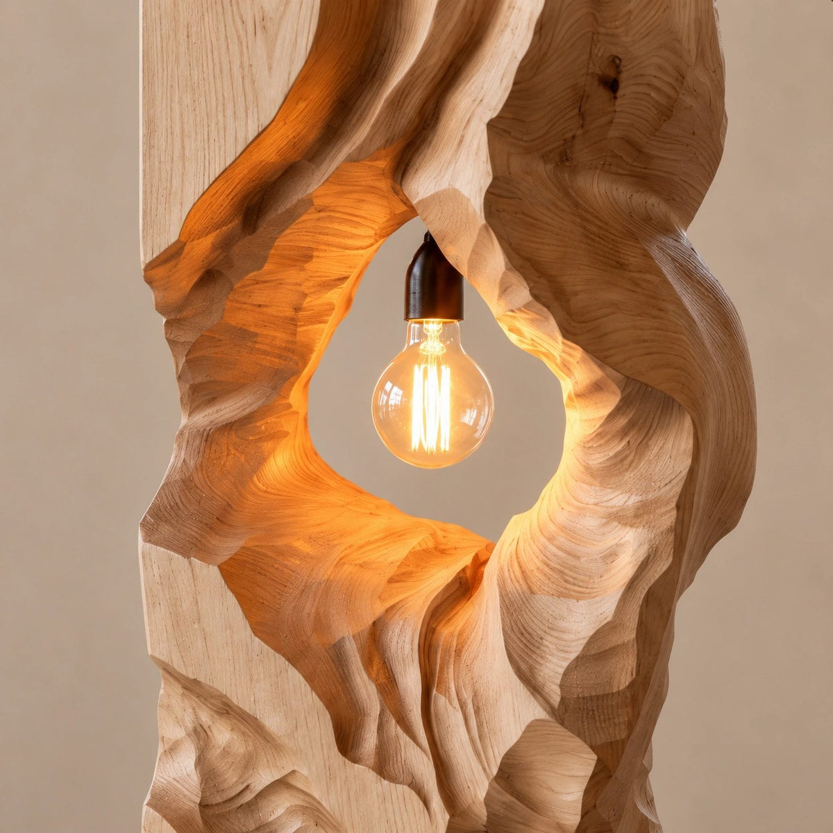 Sculptural Wood Floor Lamp With Open Carved Hollow For Living Room