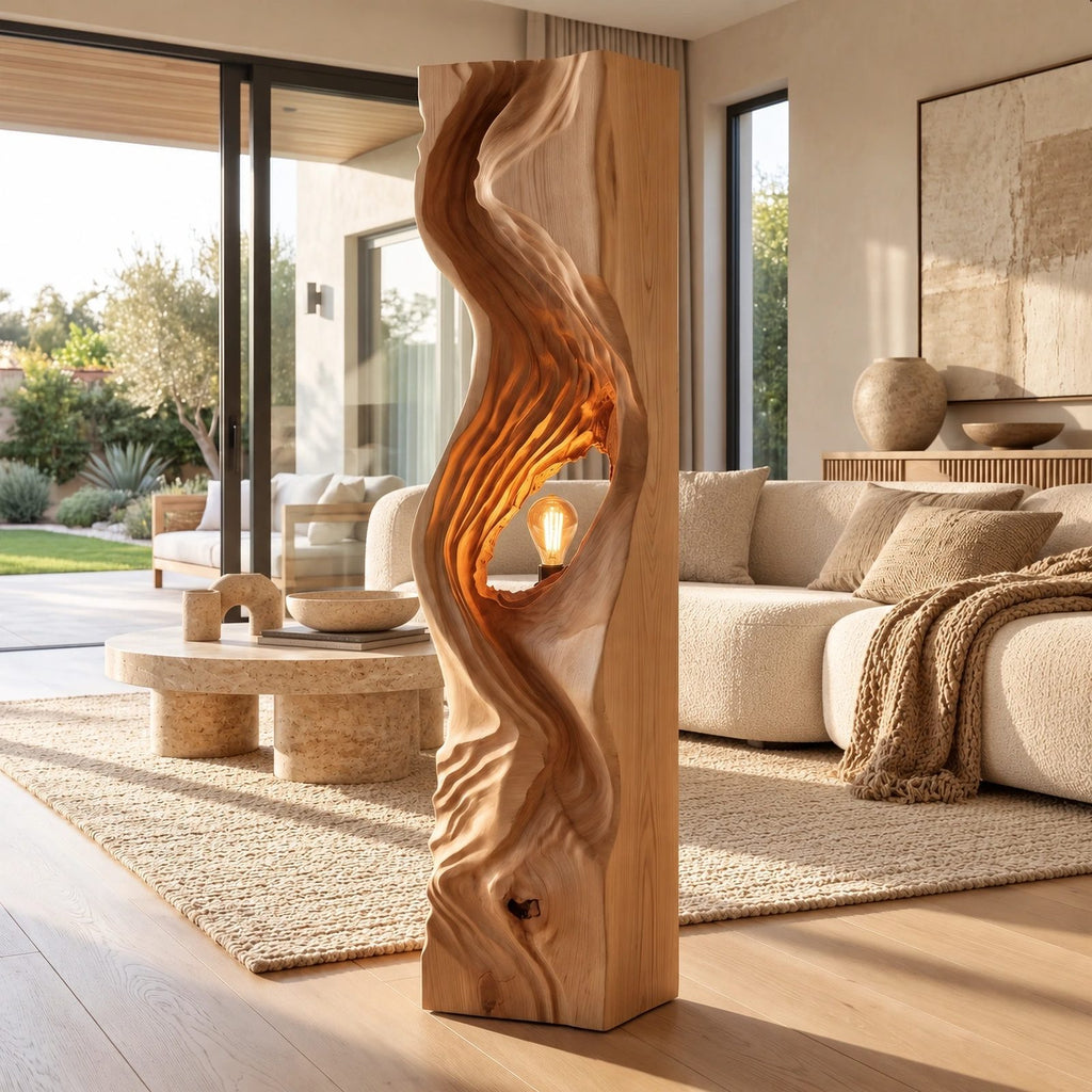 Organic Flowing Wood Floor Lamp With Sculpted Light Niche
