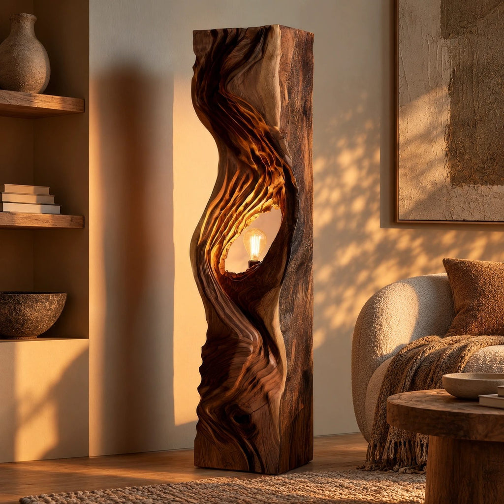 Organic Flowing Wood Floor Lamp With Sculpted Light Niche