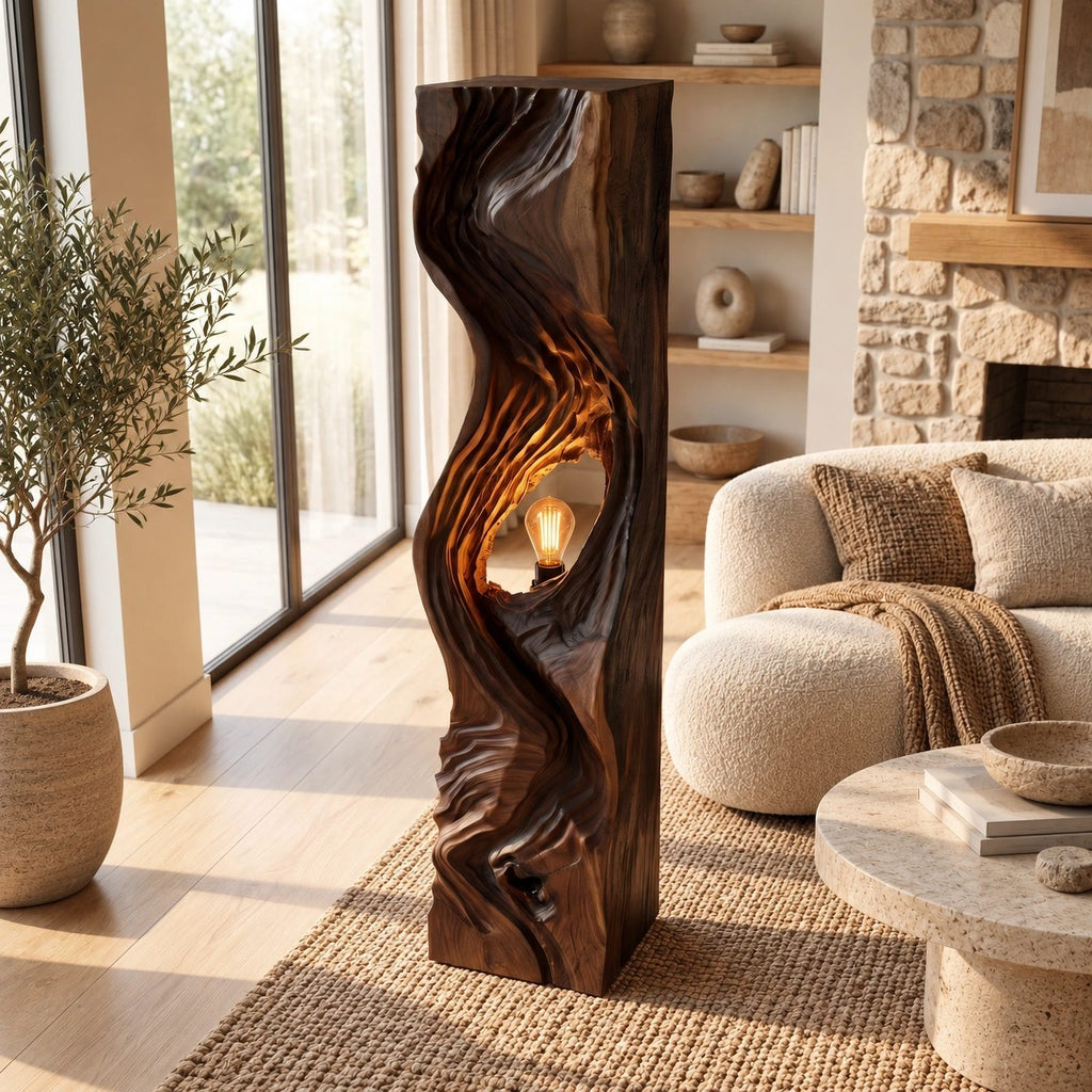 Organic Flowing Wood Floor Lamp With Sculpted Light Niche