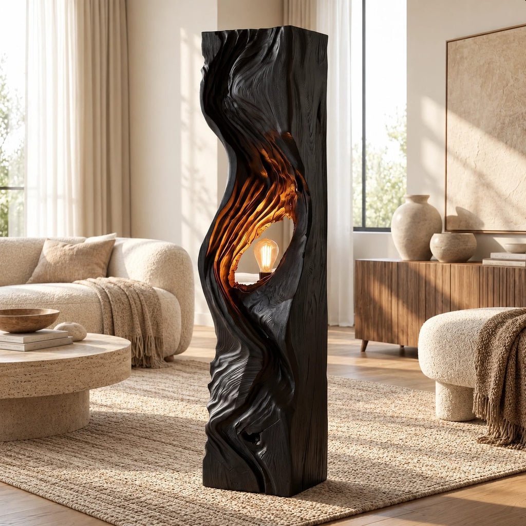 Organic Flowing Wood Floor Lamp With Sculpted Light Niche