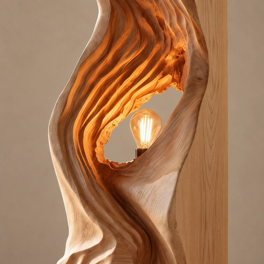 Organic Flowing Wood Floor Lamp With Sculpted Light Niche