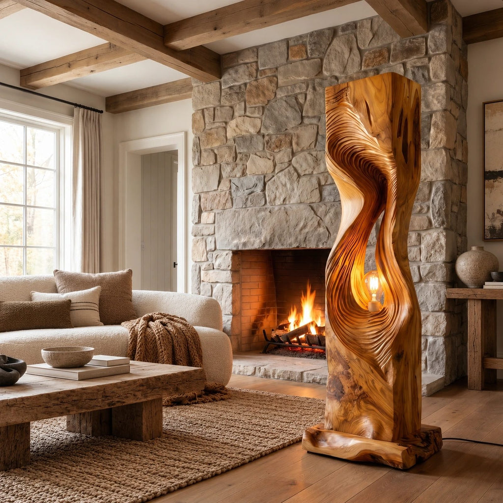 Contemporary Sculpted Wood Floor Lamp With Spiral Hollow