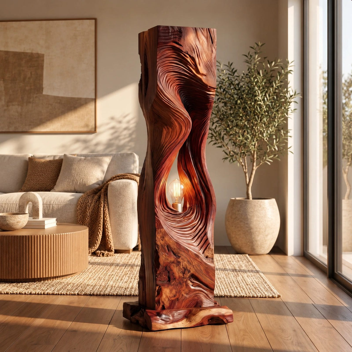 Contemporary Sculpted Wood Floor Lamp With Spiral Hollow