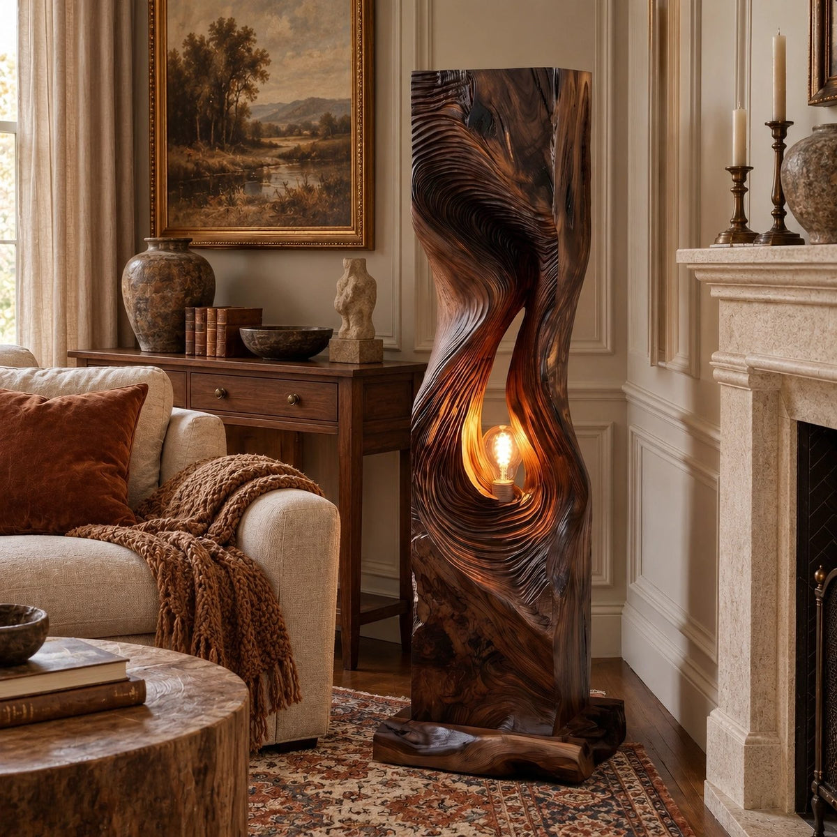 Contemporary Sculpted Wood Floor Lamp With Spiral Hollow