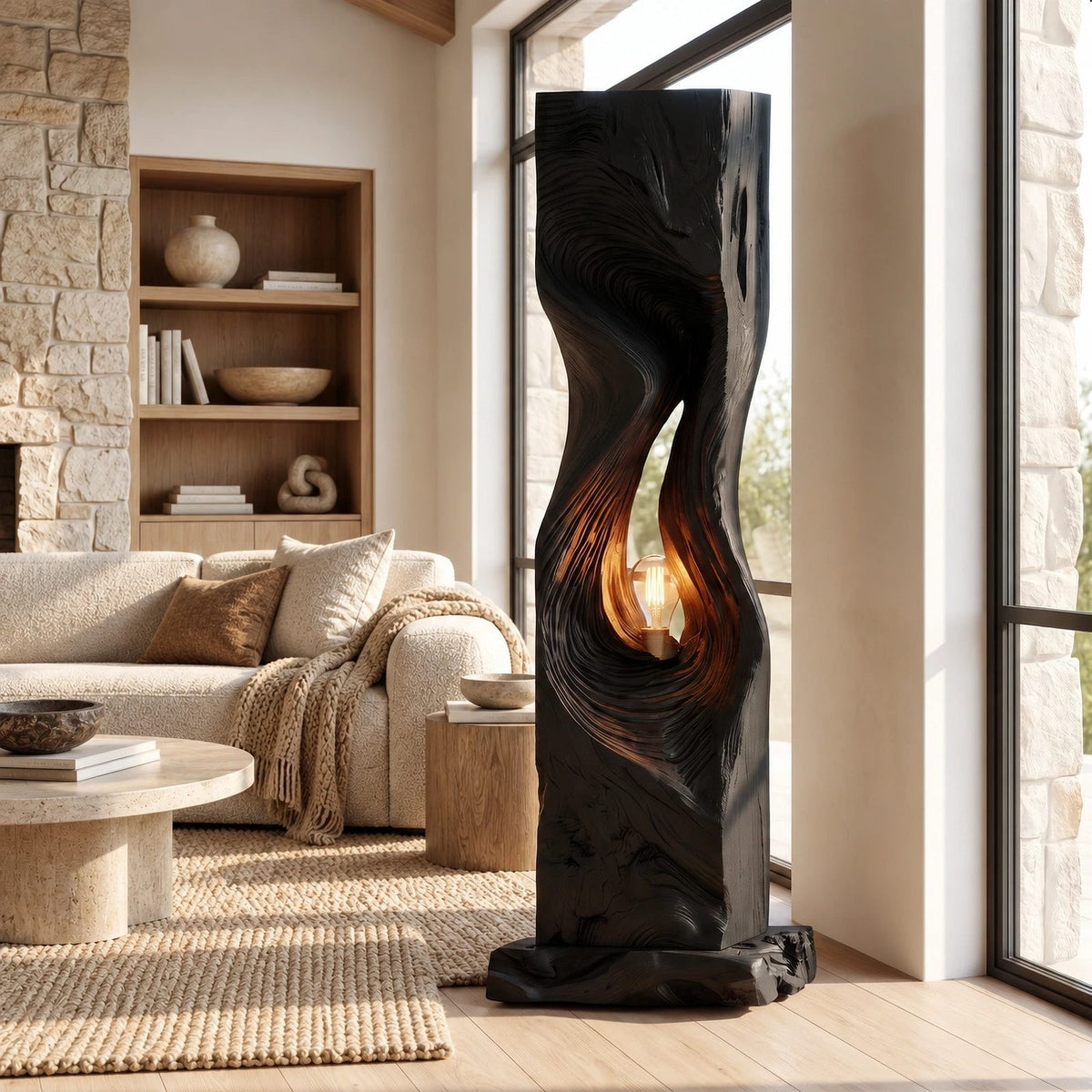 Contemporary Sculpted Wood Floor Lamp With Spiral Hollow