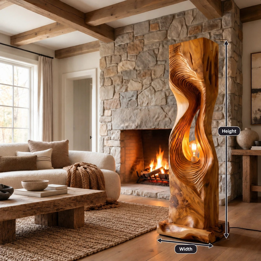 Contemporary Sculpted Wood Floor Lamp With Spiral Hollow