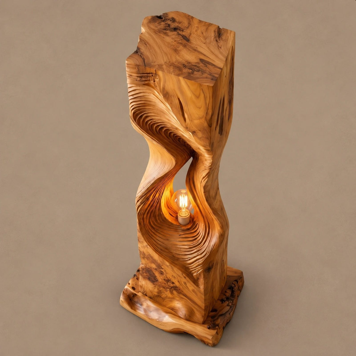 Contemporary Sculpted Wood Floor Lamp With Spiral Hollow