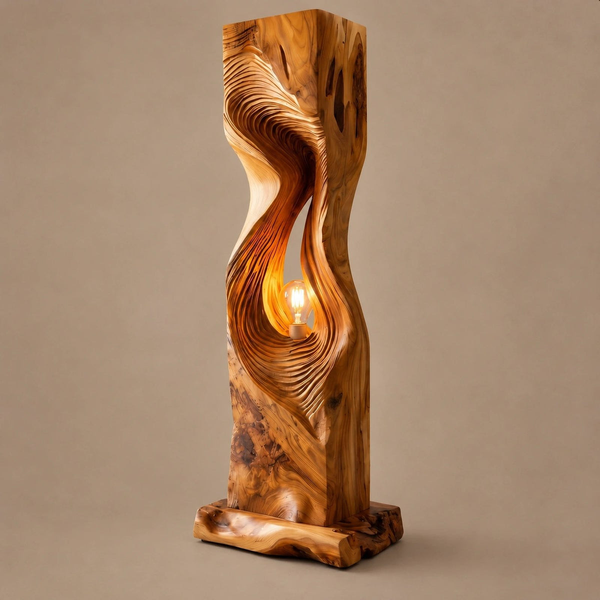 Contemporary Sculpted Wood Floor Lamp With Spiral Hollow