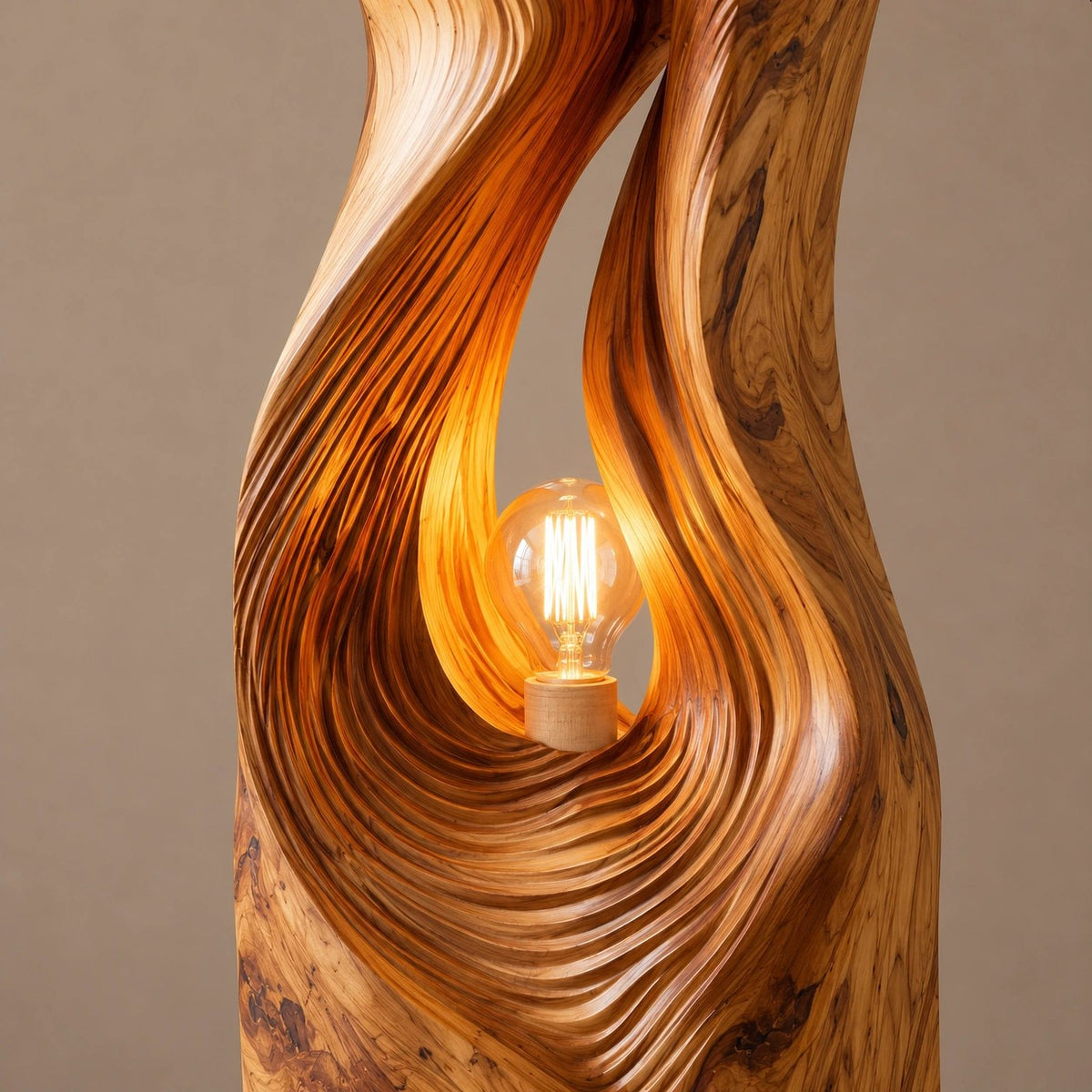 Contemporary Sculpted Wood Floor Lamp With Spiral Hollow