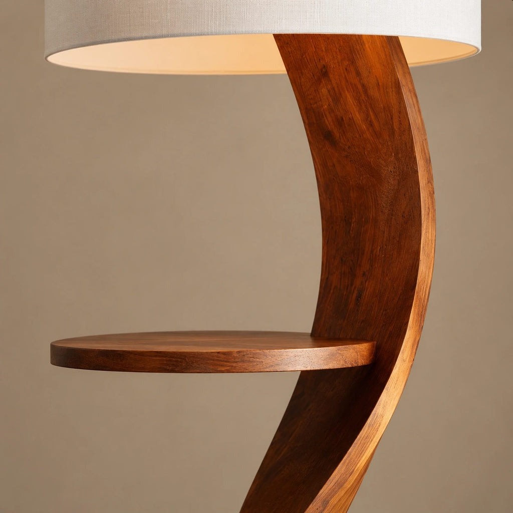 Organic Curved Wood Floor Lamp With Display Shelves For Living Room