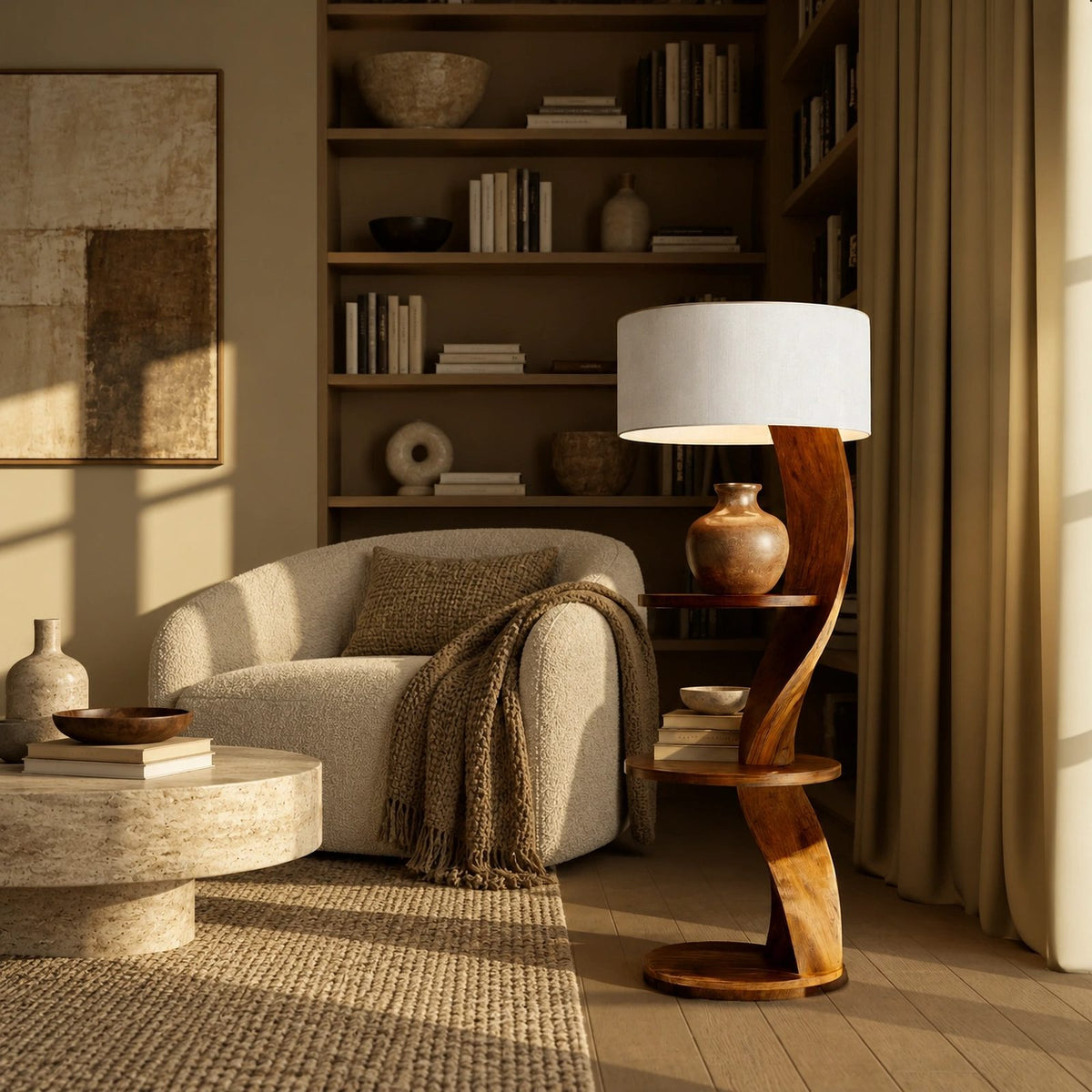 Organic Curved Wood Floor Lamp With Display Shelves For Living Room