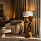 Organic Curved Wood Floor Lamp With Display Shelves For Living Room