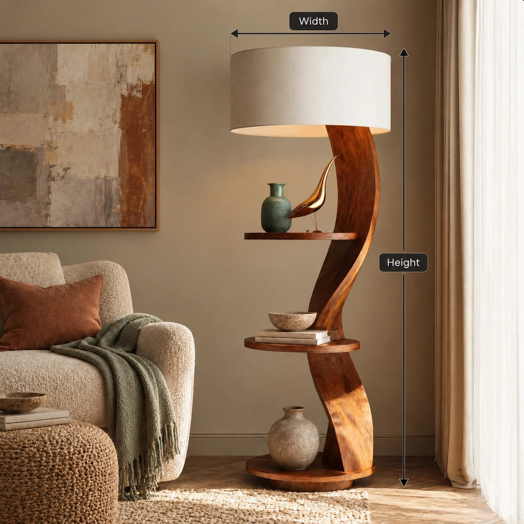 Organic Curved Wood Floor Lamp With Display Shelves For Living Room